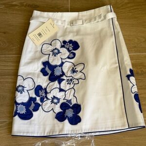 Tyler Boe White Mini Skirt with Blue Floral Appliqué